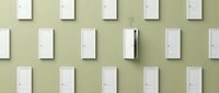 Multiple white doors arranged in rows on sage green wall with one door slightly open showing depth and dimension for interior design concepts.