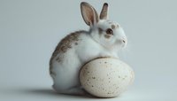 White and gray spotted bunny sitting next to large speckled egg on light background. Minimalist Easter composition with soft natural lighting and clean aesthetic.