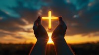 Silhouetted hands reaching toward glowing cross against dramatic sunset sky, spiritual light rays shining through fingers create inspirational religious scene.