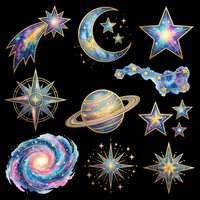 Celestial and space-themed design elements including stars, moons, planets, and galaxies isolated on transparent background. Ready for t-shirts, stickers, clipart, sublimation, and print-on-demand projects.