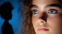 Young woman with striking blue eyes and curly hair in dramatic lighting against dark background, face partially illuminated creating mysterious atmosphere.