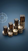 Wooden letter blocks spelling GROW on ascending stacks of golden coins with target symbol representing business growth and financial success strategy.