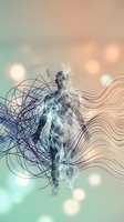 Abstract human silhouette with flowing lines and smoke effects on soft gradient background with bokeh lights for creative design projects.