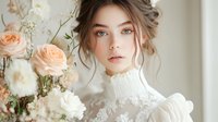 Young Caucasian woman in vintage white lace dress with high collar poses near peach roses and white flowers, romantic bridal portrait with soft natural lighting.