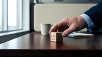 Businessman hand placing wooden cube with VIP text on office desk near coffee cup and documents in corporate workspace.