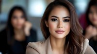 Young Asian businesswoman with confident smile and professional makeup wearing beige blazer in corporate office environment, soft natural lighting highlights facial features.