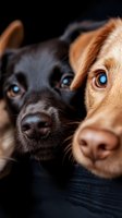 Close-up portrait of two dogs with bright blue eyes, black and brown colored, showing their noses and partial faces against dark background.