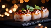 Seared scallops garnished with sesame seeds and fresh herbs served on dark slate plate against blurred warm bokeh lights background for fine dining menu.