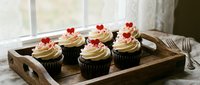 Chocolate cupcakes with vanilla buttercream frosting and red heart decorations arranged on rustic wooden tray by window for romantic celebration.
