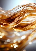 Flowing golden hair strands with soft bokeh lights creating dynamic movement and shine against light background, macro photography style for beauty and cosmetic ads.