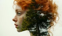 Double exposure portrait combining profile of young redhead woman with green forest pine tree, creating dreamy artistic effect. Perfect for book covers.