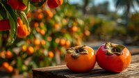 Fresh persimmons on wooden surface with blurred orchard background, ripe orange and red fruits harvested from farm.