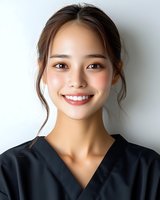 Young Asian female healthcare professional in black medical scrubs smiling warmly at camera with natural makeup and pulled-back hairstyle against neutral background.