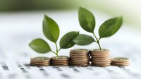 Growing plant sprout on stacked coins showing financial growth and sustainable investment concept against blurred background with copy space.