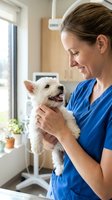 Veterinarian in blue scrubs holding and examining a small white dog in a bright clinic room with natural light from window.