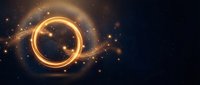 Golden glowing ring with magical light effects and sparkling particles on dark cosmic background for fantasy design projects.