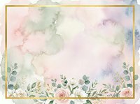 Watercolor floral frame with soft pastel roses, eucalyptus leaves, and botanical elements on cream background. Isolated design with gold border, ready for invitations, cards, and wedding stationery projects.