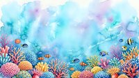 Vibrant underwater coral reef scene with tropical fish swimming among colorful corals in turquoise ocean waters for marine life designs.