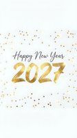 Happy New Year 2027 greeting card with gold metallic numbers and scattered star confetti on white background. Festive celebration design for holiday cards and seasonal marketing.