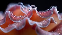 Macro photography of pink coral-like organic structure with water droplets and dew on wavy translucent surface creating abstract natural pattern in dark background.