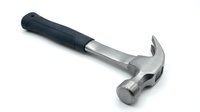 Claw hammer with black rubber grip on white background, isolated steel hand tool for construction, carpentry, and home repair projects.