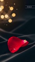 Red rose petal on dark silk fabric with golden bokeh lights and sparkles creating romantic atmosphere for Valentine's Day promotions and love concepts.