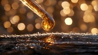Golden liquid drop falling from glass dropper against blurred bokeh lights background on reflective dark surface with glitter particles scattered around.