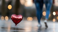 Red heart-shaped balloon floating against blurred urban background with bokeh lights and walking person, romantic Valentine's day atmosphere for greeting cards.