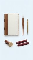 Vintage writing supplies with leather journal, fountain pen, pencil, wax seal stamp and sealing wax sticks arranged on white background for stationery design.