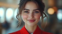 Young woman with bright smile wearing red blazer against blurred bokeh background, natural makeup, dark hair in casual updo style, professional headshot portrait.