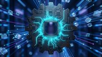 Glowing cyan microchip with circuit board patterns and digital data streams flowing outward on dark blue background, representing artificial intelligence, technology innovation, and computing power.