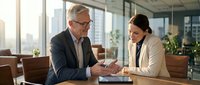 Mature male professional with gray hair and glasses wearing dark blazer discussing documents with young female colleague in beige blazer in modern office with city skyline view, suitable for business, corporate training, and workplace collaboration concepts.