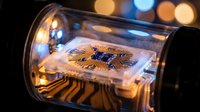 Microchip processor inside glass jar with colorful bokeh lights background showcasing technology preservation and electronic component storage concept.