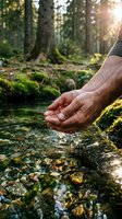 Cupped hands collecting fresh water from natural forest stream with sunlight filtering through trees creating peaceful outdoor moment.