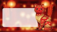 Red and gold ornate cat figurine with decorative patterns sits beside blank white card on warm bokeh background for festive greeting designs.