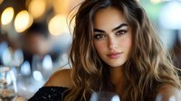 Young attractive brunette woman with wavy hair and natural makeup in elegant restaurant setting with warm bokeh lights background for lifestyle content.