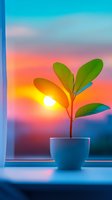 Young green plant seedling in white pot on windowsill at sunset with vibrant orange pink sky background for growth and new beginnings concepts.