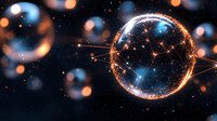 Glowing orange and blue sphere with light particles and sparkles floating in dark space creates magical cosmic atmosphere for fantasy or science backgrounds.