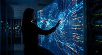 Female data scientist analyzing holographic neural network visualization in futuristic server room with glowing blue digital interface technology.