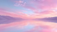 Serene lake reflecting pastel pink and purple sunset sky with mountain silhouettes creating peaceful mirror effect on calm water surface.