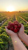 Fresh strawberries cupped in hands at sunrise over agricultural field rows. Farm harvest concept for organic produce marketing and healthy eating campaigns.