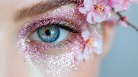 Close up macro shot of blue eye with pink glitter makeup and delicate cherry blossom petals, creative spring beauty photography on soft blue background.