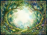 Enchanted forest clearing with ornate golden border, magical woodland scene with deer, mystical nature background for fairy tale designs.