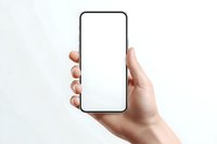 Hand holding modern smartphone with blank white screen mockup for app presentation and mobile interface design projects.