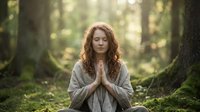 Young Caucasian woman with curly red hair meditating in peaceful forest setting with hands in prayer position, surrounded by lush green nature and soft sunlight.