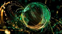 Glowing green and gold sphere with luminous swirling particles and light trails against dark background creates magical cosmic atmosphere for fantasy designs.