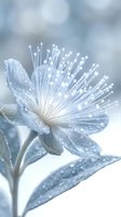 Delicate white flower with prominent stamens covered in frost and dewdrops, creating a serene, ethereal appearance. Soft focus background enhances the tranquil mood.