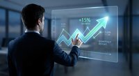 Professional businessman analyzing financial growth data on futuristic holographic display showing upward trending charts and statistics in modern office.