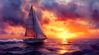 Sailboat gliding across purple-orange ocean waves during dramatic sunset with vibrant clouds reflecting on water surface, creating peaceful seascape atmosphere.
