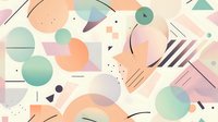 Abstract geometric composition with soft pastel shapes, mint green circles, peach tones, and minimal black line elements on white background.